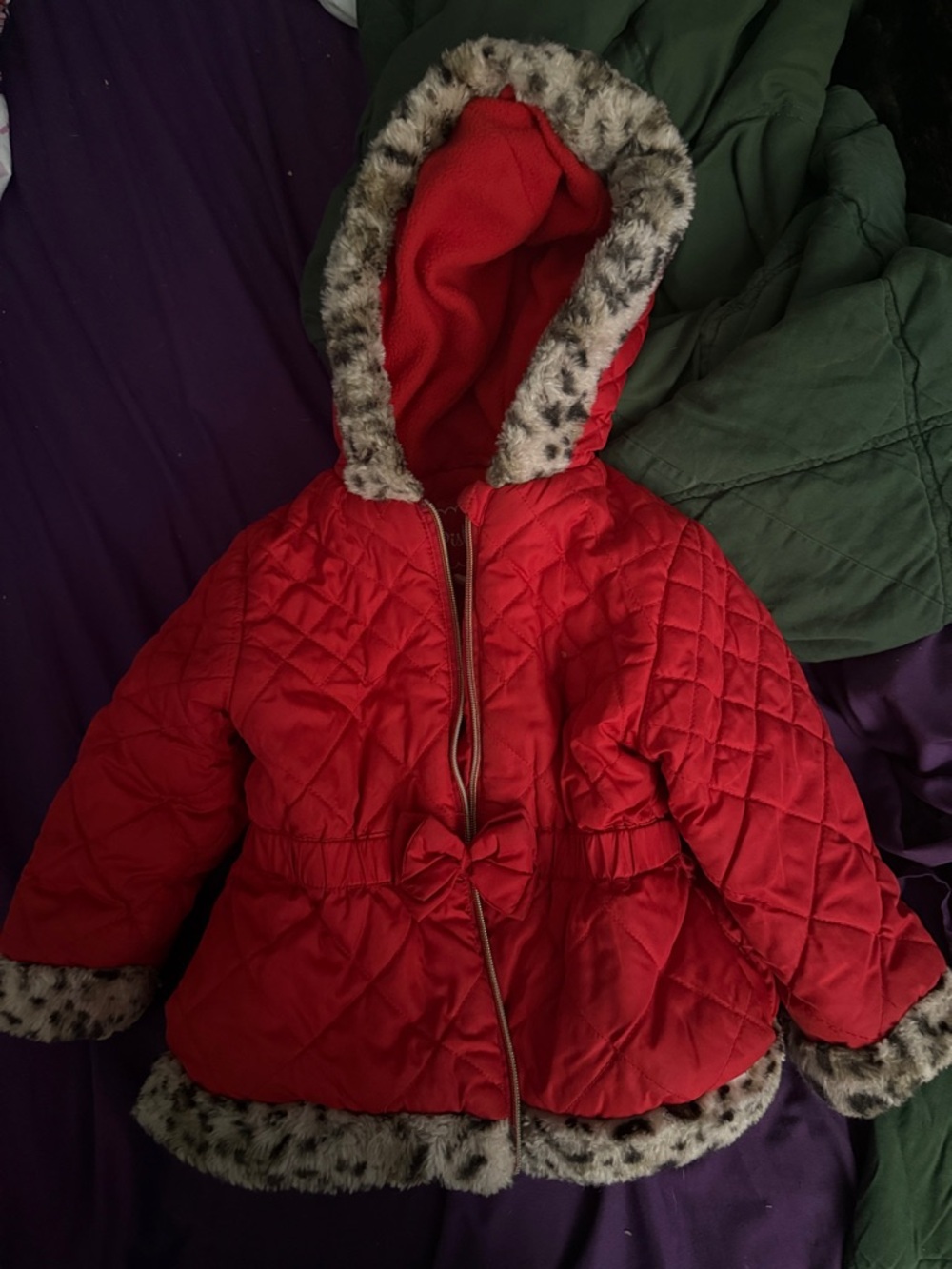 Toddler Quilted Red Hooded Puffer Coat with Faux Fur Trim